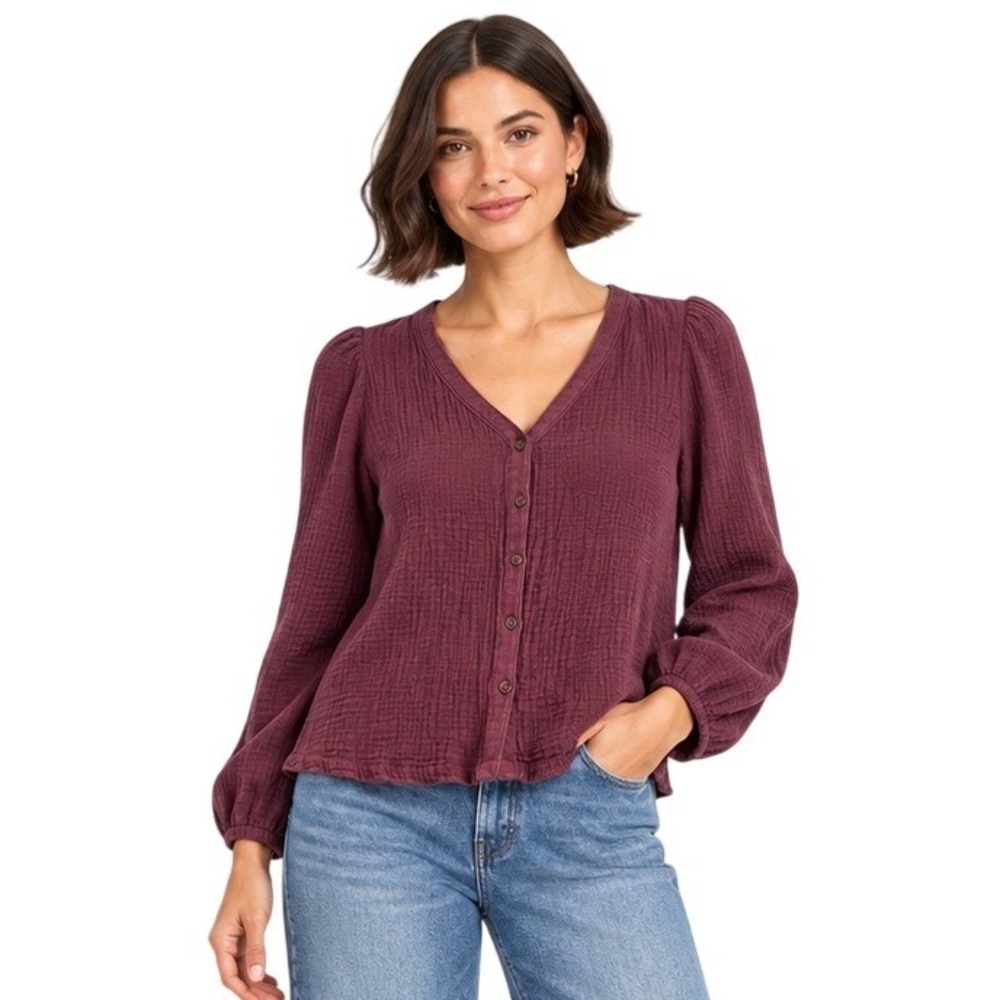 Marine Layer Plum Cotton Gauze Button Front Puff Sleeve Blouse Size S Fall